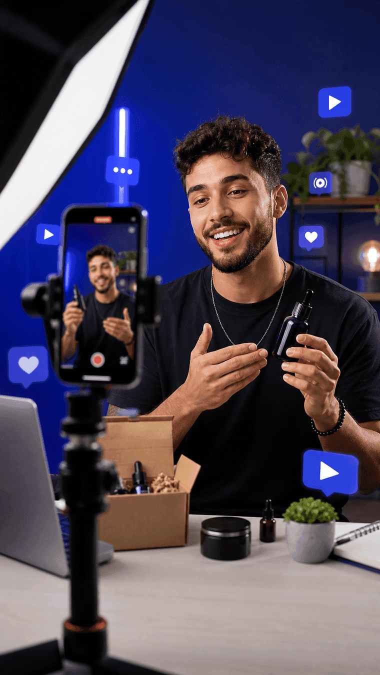 Criador de conteúdo filmando uma demonstração de produto pelo celular.