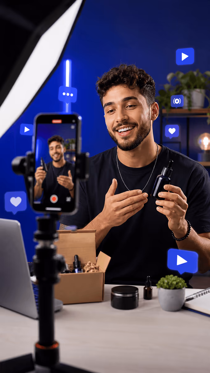 Criador de conteúdo filmando uma demonstração de produto pelo celular.